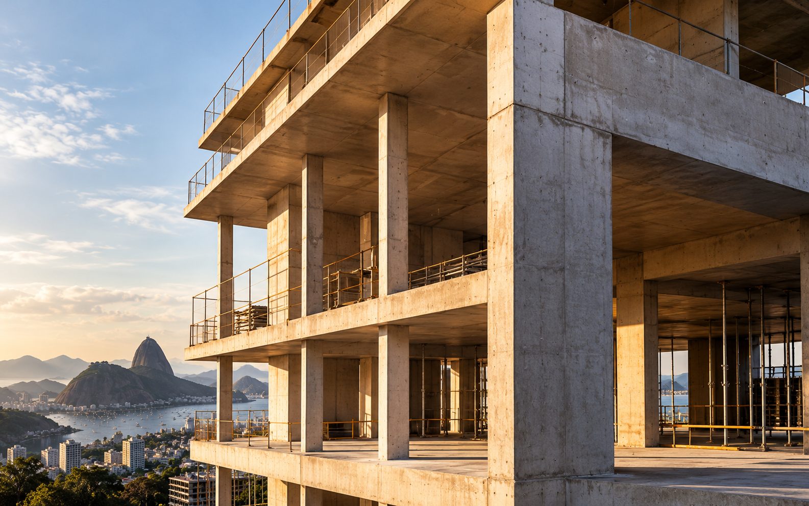 Estrutura de concreto armado em execução com o Pão de Açúcar ao fundo